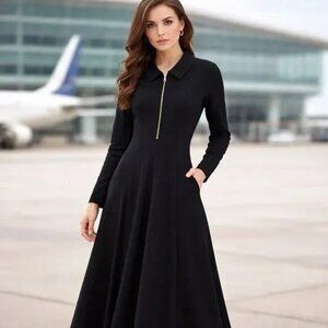 NEW Soft Surroundings Black Collar Zip Front Maxi Dress Long Slv Pockets Size S